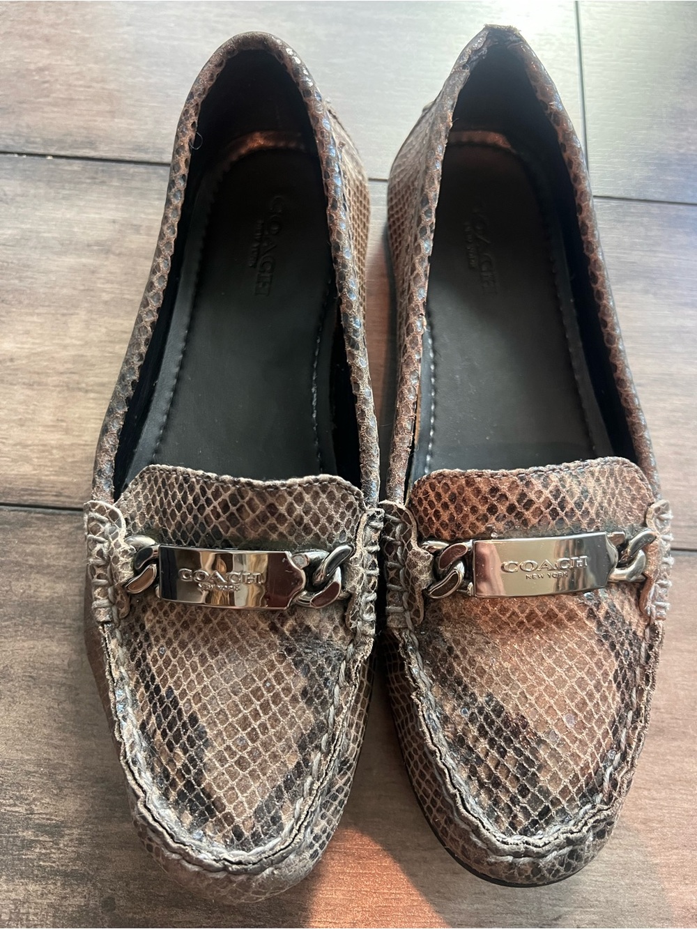 Coach New York Snakeskin Leather Loafers Brown Olive with Embossed Logo - Picture 2 of 8